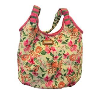 Caribbean Joe Coral Floral Hobo Bag with Striped Handles